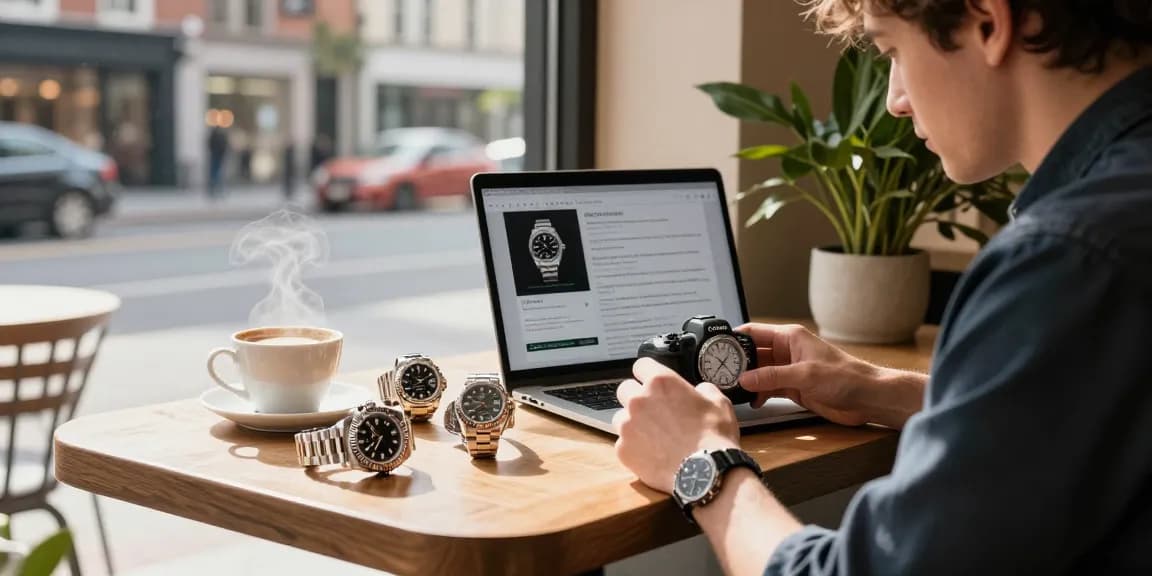 Explore luxury lifestyle with rolex super clone watches displayed on a table in a modern cafe setting.