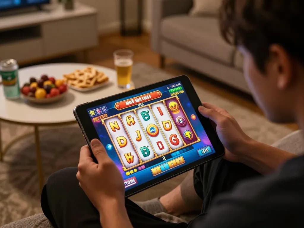 Engaging player immersed in nổ hũ đổi thưởng on tablet in cozy home setup