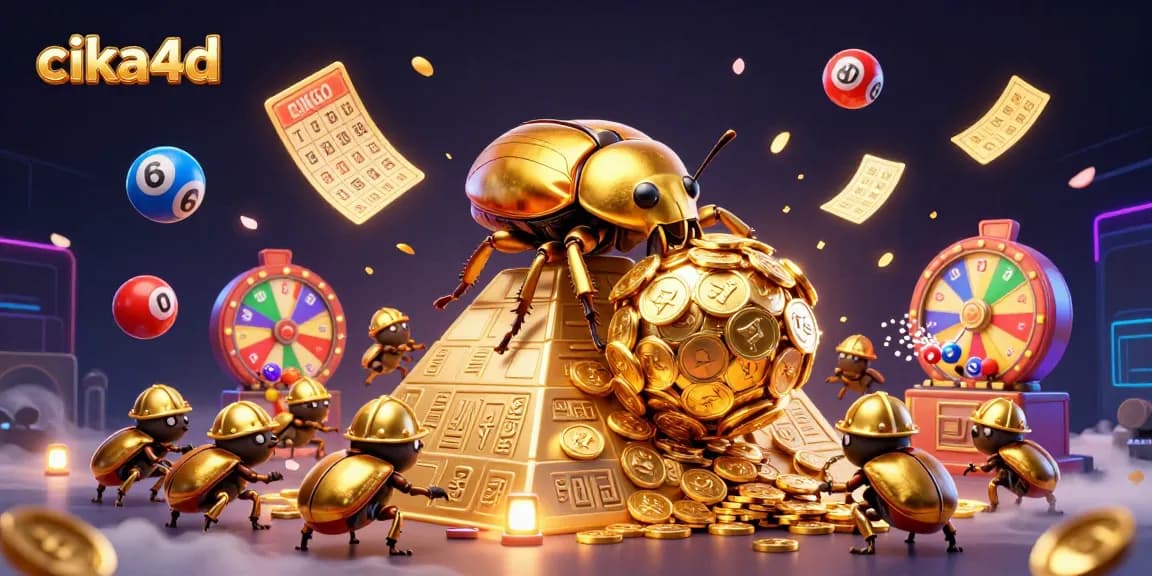Engage with cika4d's dynamic casino atmosphere, featuring a beetle driving golden coins.