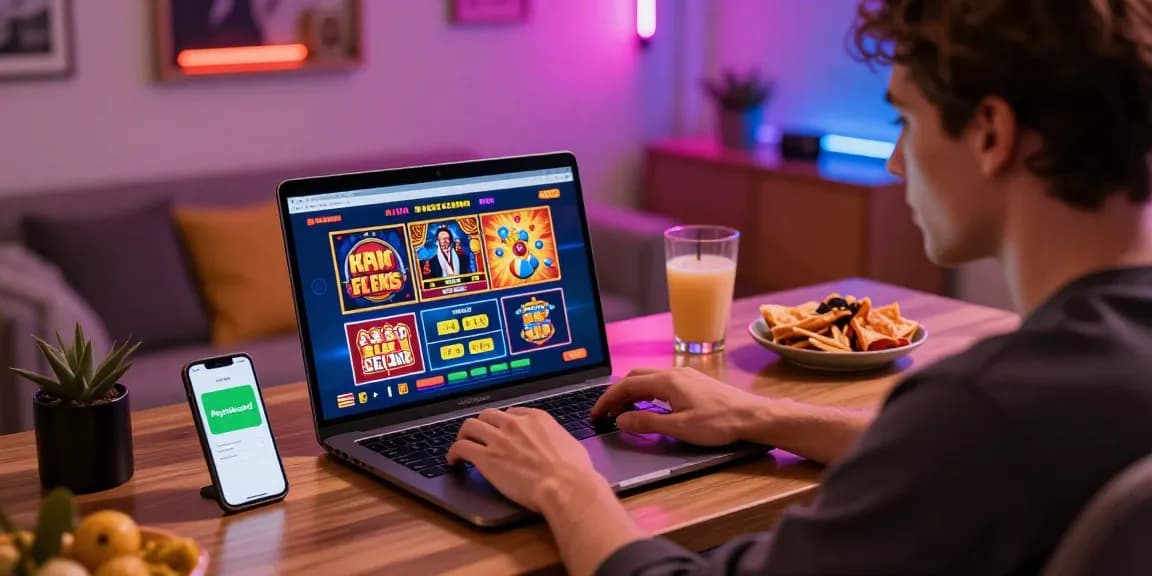 Spieler genießt Spiele in einem Paysafe Card Casino in einem lebhaften Heim-Setup mit der sichtbaren Paysafecard-App.
