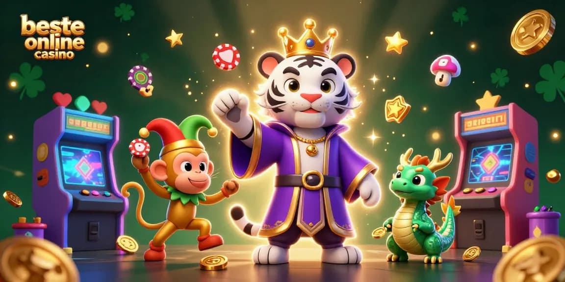 Experience the excitement of beste online casino with a lively 3D illustration of a tiger, monkey, and dragon.
