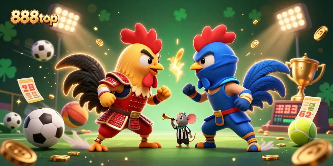 Experience thrilling action at 888top with fighting roosters in dynamic showdown amid vibrant casino elements.
