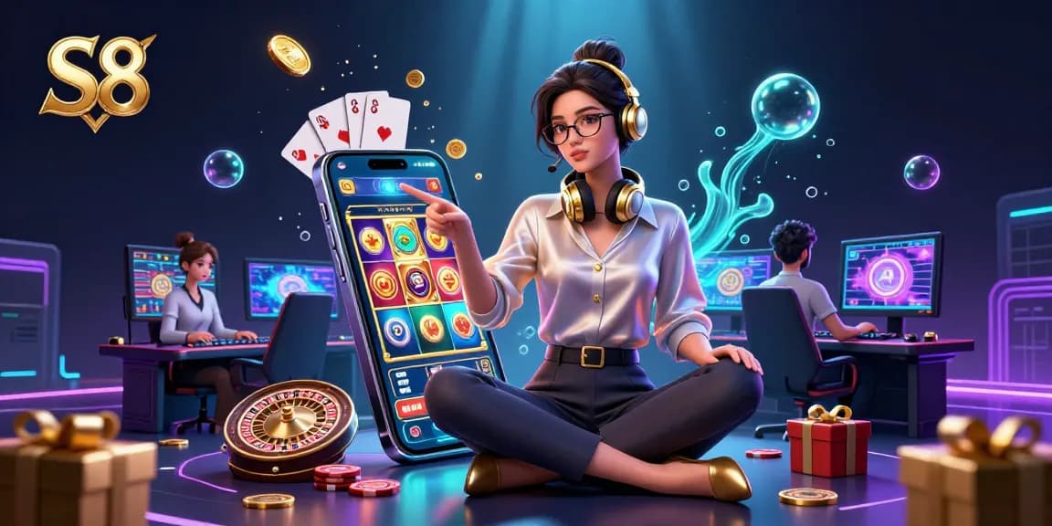 Engage with the S8 gaming world, featuring vibrant casino elements and a sleek Asian gamer.