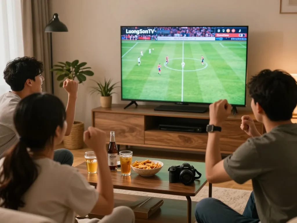 Fans enjoying live football match on Luongsontvz while celebrating at home with snacks.