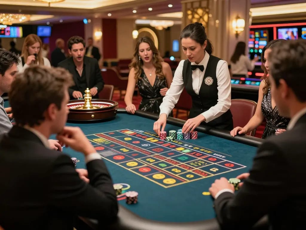 Place your bets at sky88's lively roulette table amidst vibrant casino action