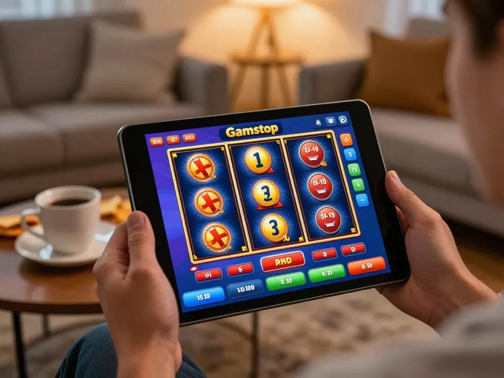 Engaging gameplay on slots not on gamstop while relaxing at home, showcasing vibrant game graphics.
