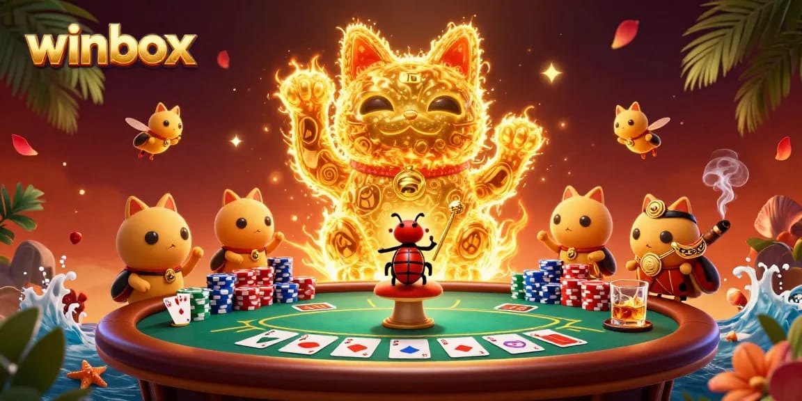 Engage in thrilling gameplay at Winbox's vibrant casino, featuring a lucky cat and poker action.