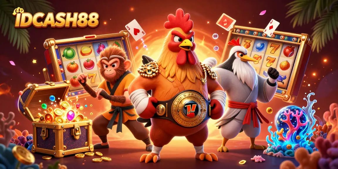 Join the adventure with IDCASH88 in this vibrant casino-themed illustration featuring slots.