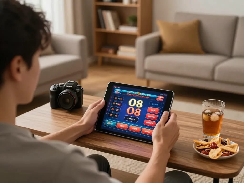 O8 online casino gaming scene with a user engaging on a tablet in a cozy setting.