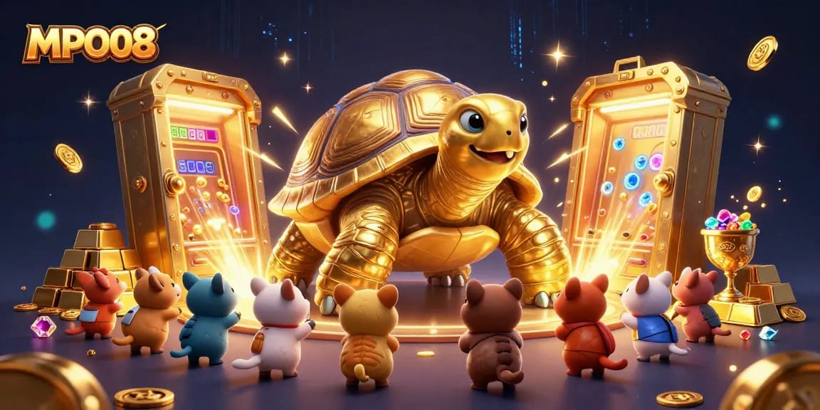 MPO08 features an exciting scene with a colossal golden tortoise as a pinball machine, showing vibrant casino elements.