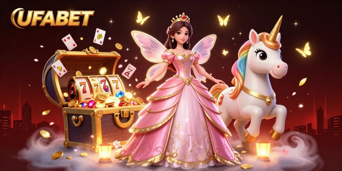 Spin the reels at UFABET, featuring a glamorous princess amidst gold coins and magical elements.