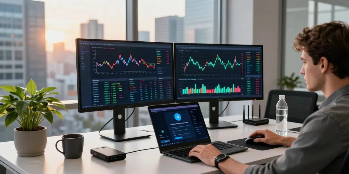 Cricbet trading scene showing cryptocurrency analysis, blockchain dashboards, and digital wallet security.