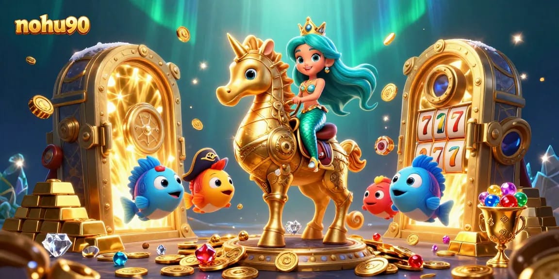 Nohu90 players enjoying vibrant casino scenes, highlighting slot machines and treasures.