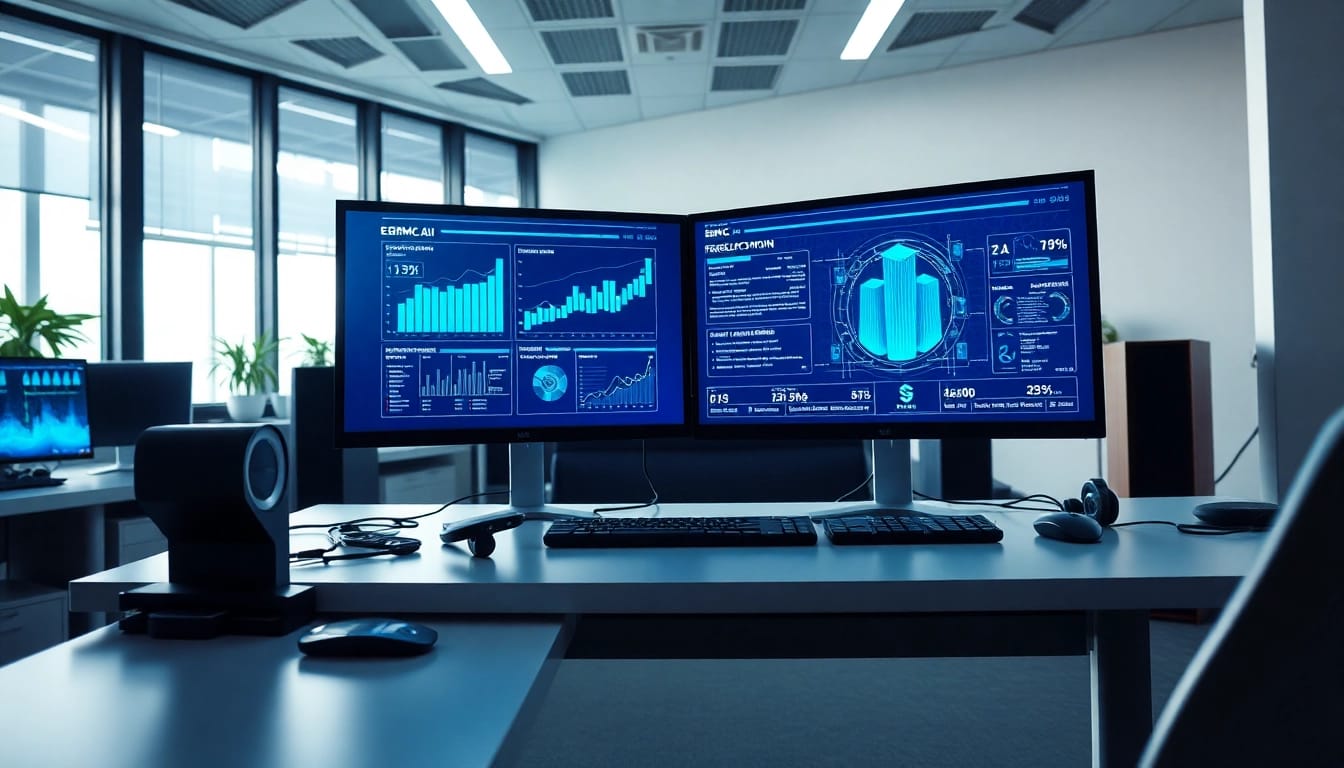 EORMC AI blockchain development workstation with dual monitors and vibrant data analytics.