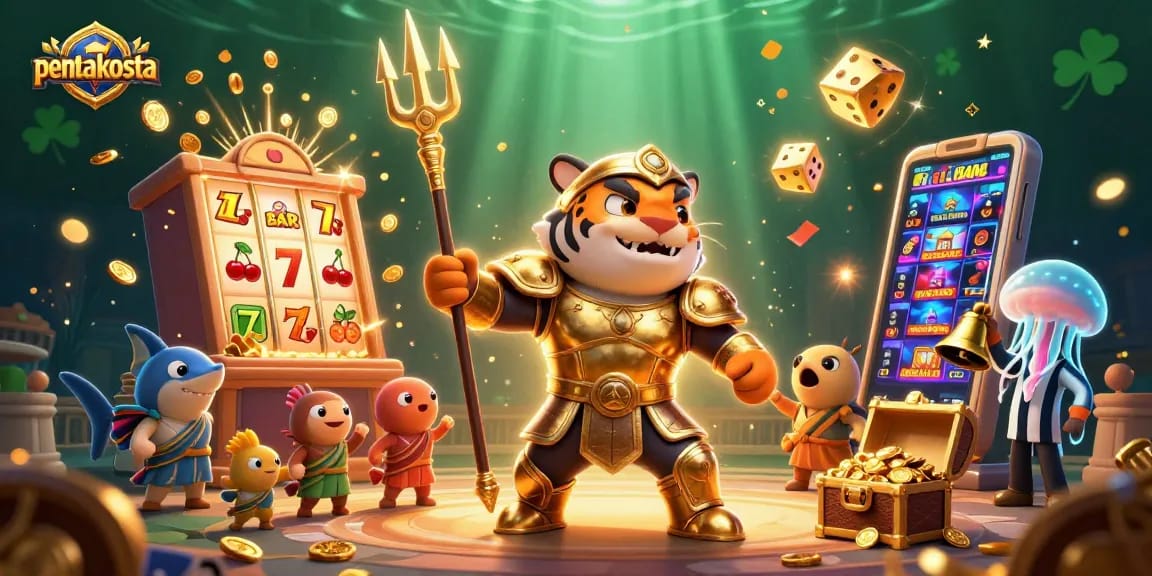 Pentakosta unleashes jackpot excitement with a 3D shark gladiator amidst animated casino elements.