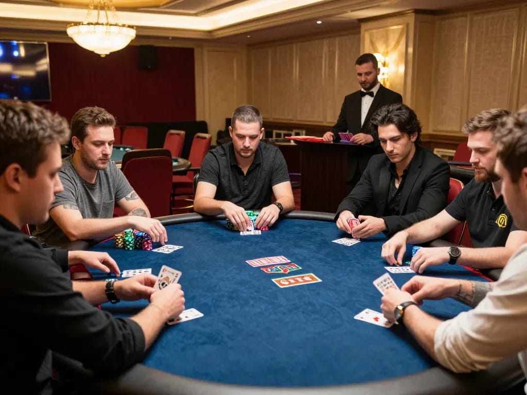 Players strategizing their moves in an intense poker game at qh88go casino, showcasing excitement and focus.