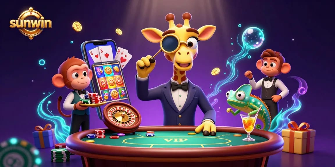 Join the fun at sunwin casino enjoying a vibrant scene with a giraffe and monkey amidst dynamic gaming elements.