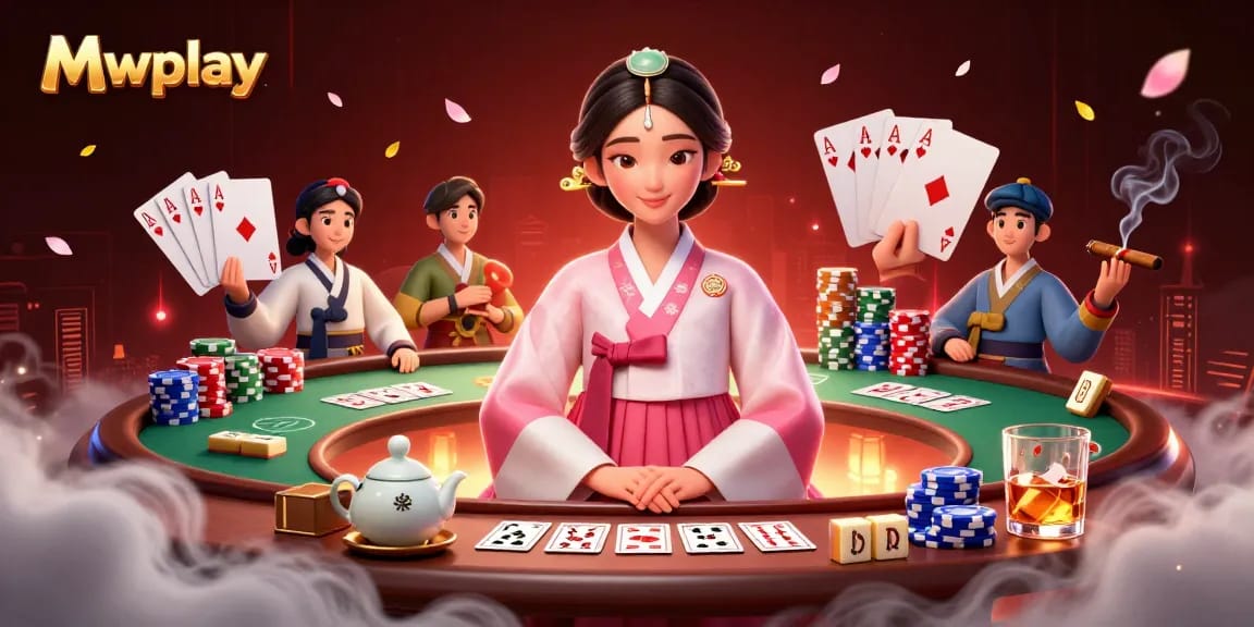 Bet big with Mwplay's vibrant casino illustration featuring an elegant Asian woman and dynamic game elements.