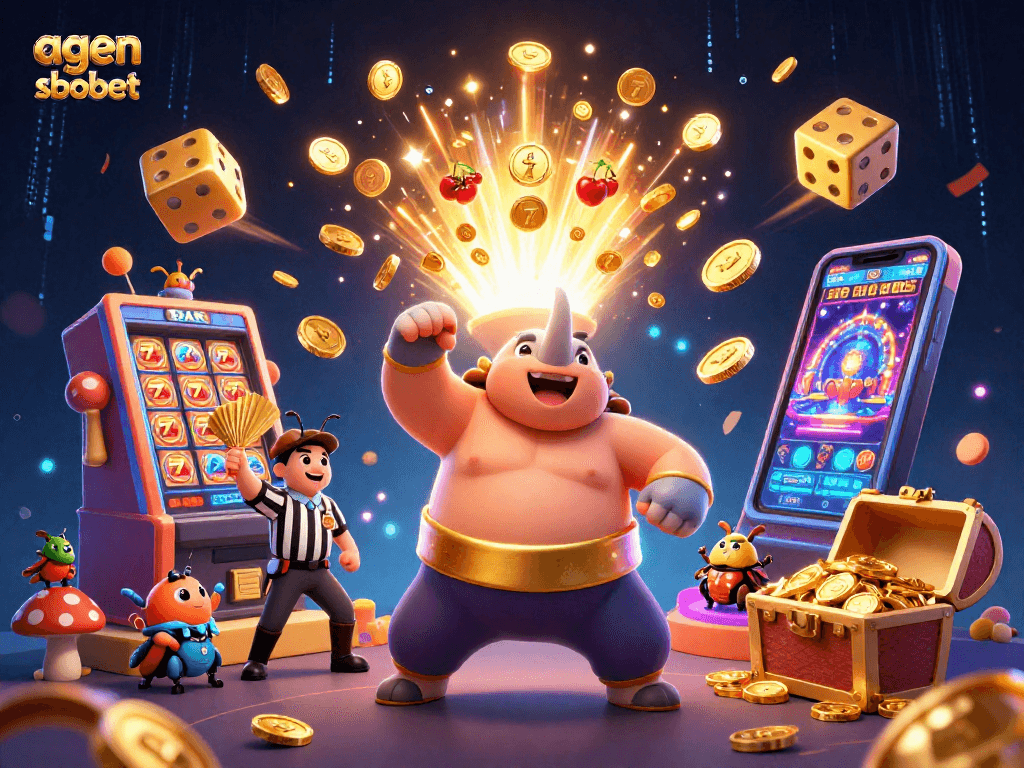 Play exciting games at agen sbobet, featuring colorful characters and vibrant casino elements.