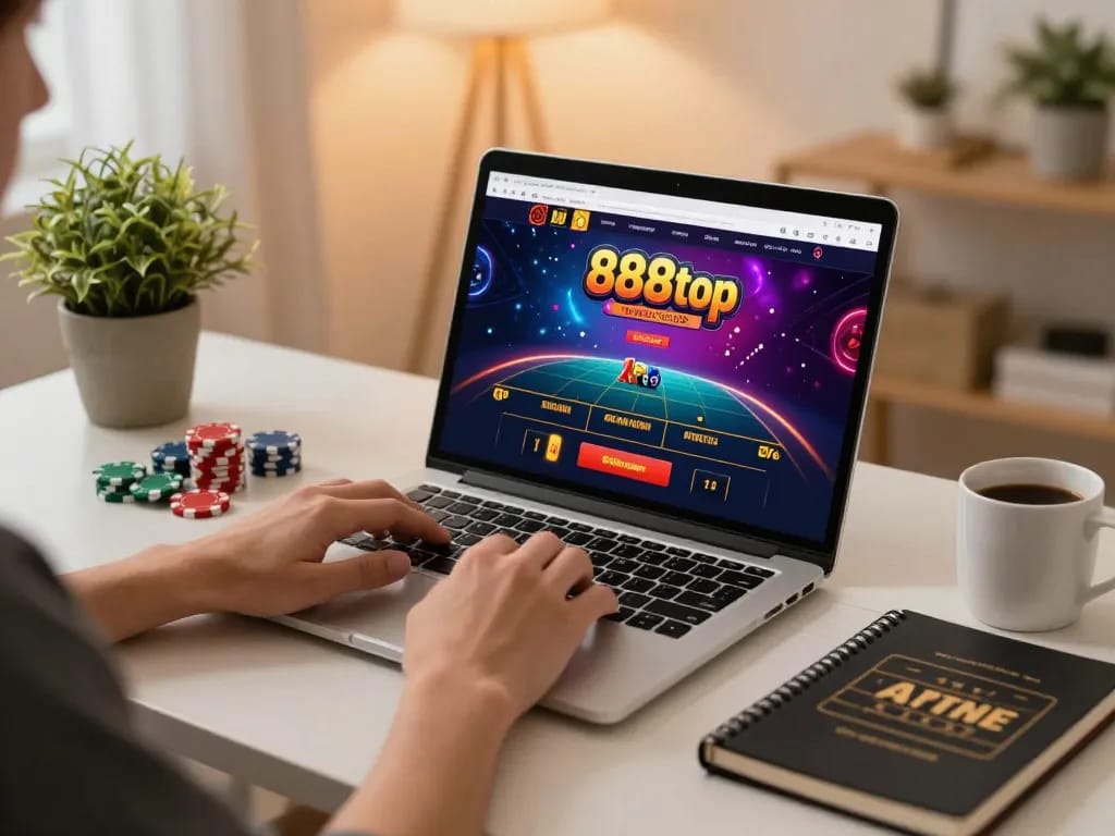 Person engaging with the 888top online casino interface on a laptop, showcasing strategic betting in a cozy home environment.