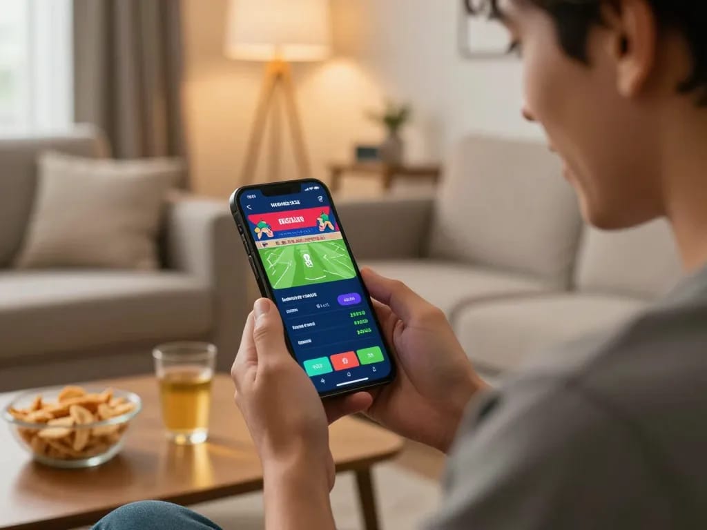 Person engaging with keonhacaii88 mobile app for live sports betting during World Cup 2026, showcasing excitement and strategy.