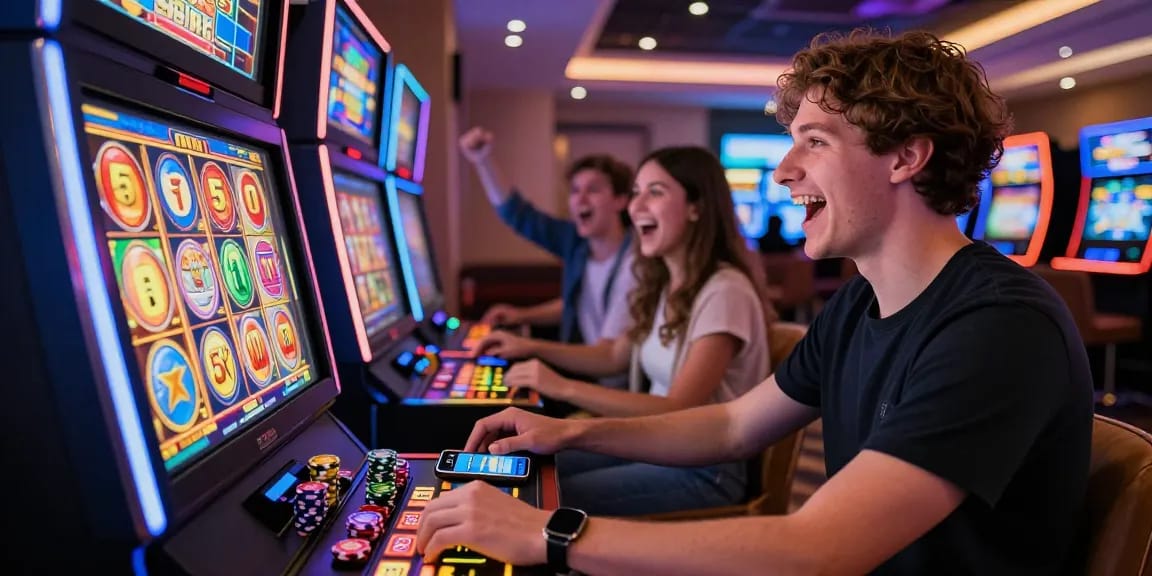 Engaged player enjoying slot modal 5k gaming experience in vibrant casino setting.