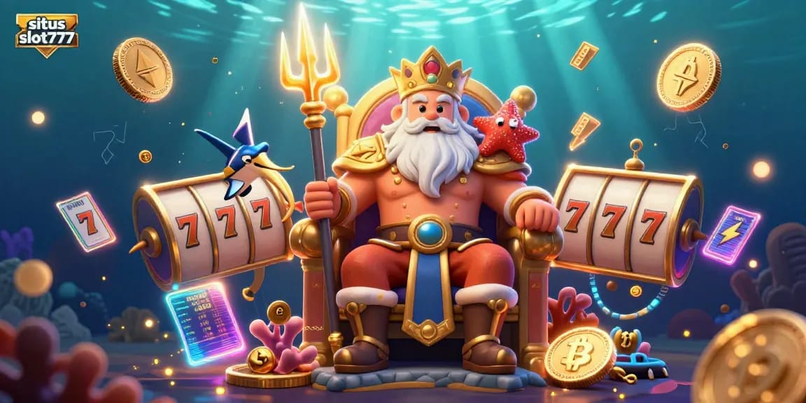 Situs slot777 showcases vibrant 3D casino elements with Neptune, slot reels, and glowing crypto coins.