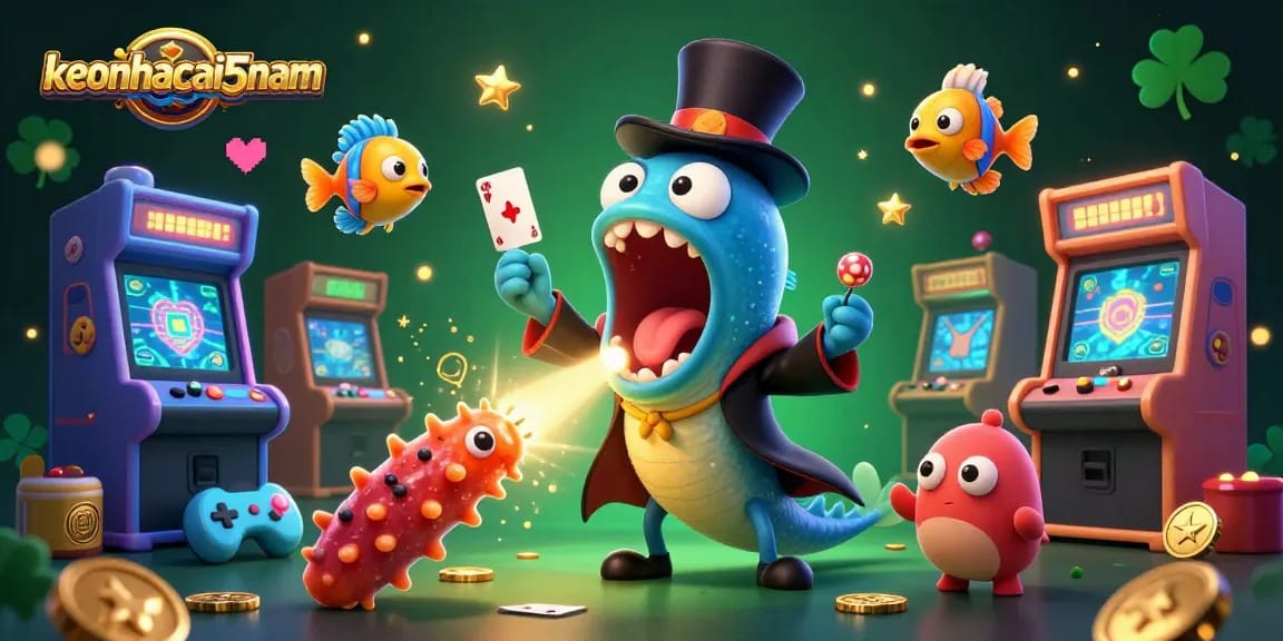 Engage with keonhacai5nam magic in an underwater casino with glowing characters and vibrant arcade elements.