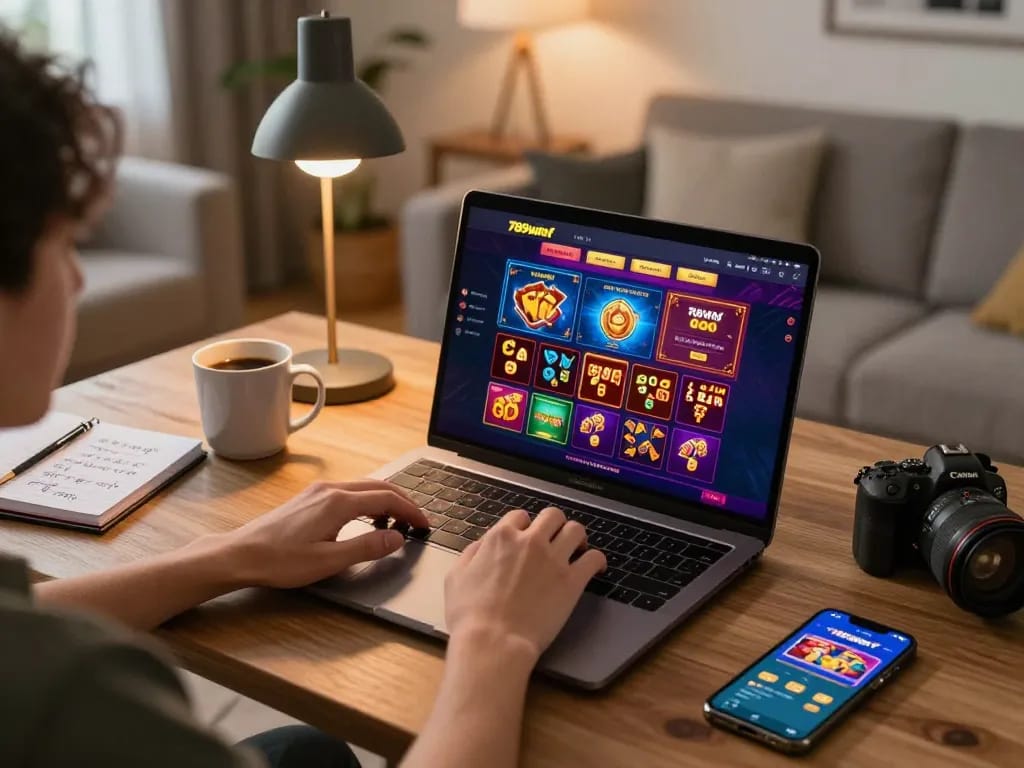 Engaging with 789winf on a laptop, showcasing online gaming excitement and strategy.