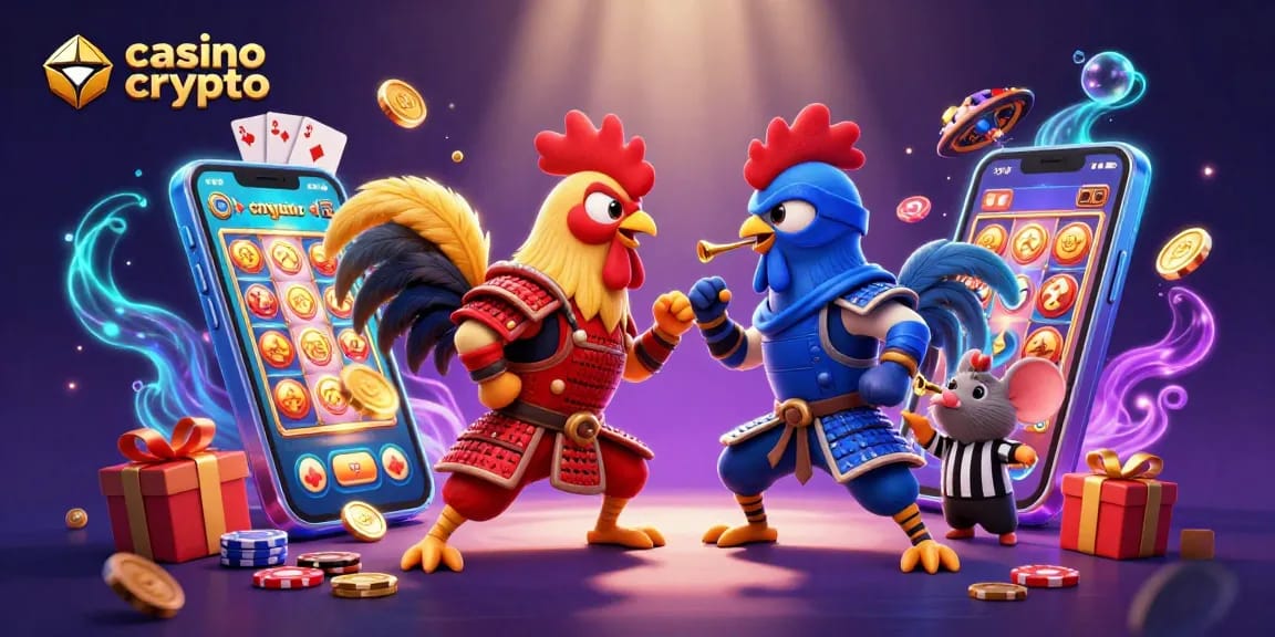 Engagez-vous dans un combat épique au casino crypto avec des coqs en pleine action.