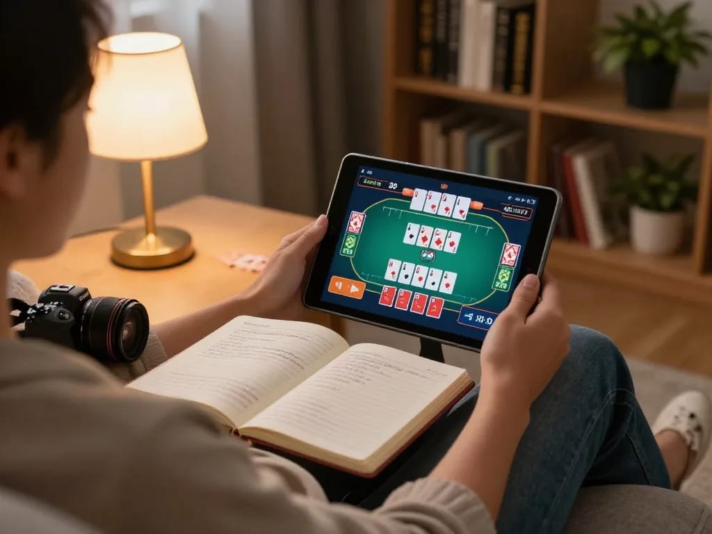 Enjoying online poker gameplay at home with 98 win tablet, strategies, and dynamic betting interface.