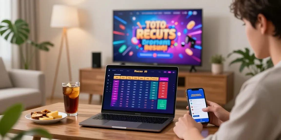 Engaged user checking toto macau results on a sleek laptop in a cozy living room.