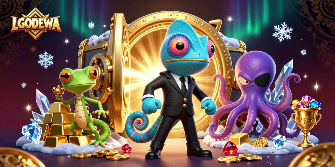 Spin and win with LGODEWA's thrilling slot games featuring vibrant characters and gold treasures.