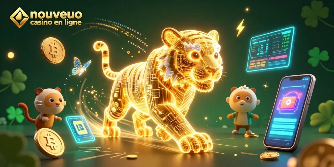 Le nouveau casino en ligne présente un tigre d'énergie lumineuse dans un paysage de jeux dynamique.