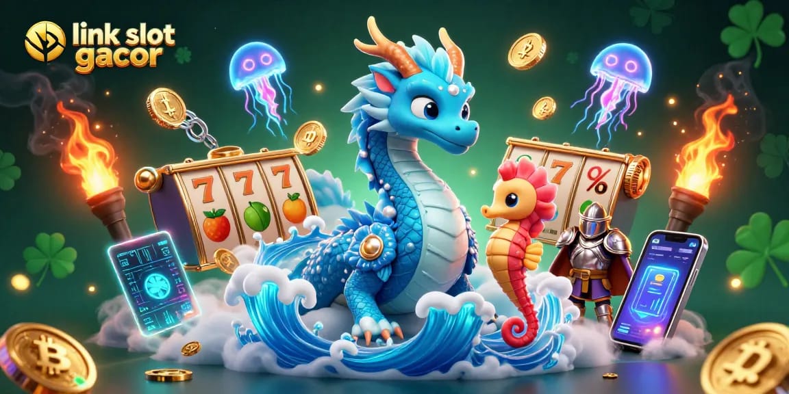 Engage with exciting gaming dynamics at link slot gacor featuring a striking water dragon, vibrant sea creatures, and slot game elements.