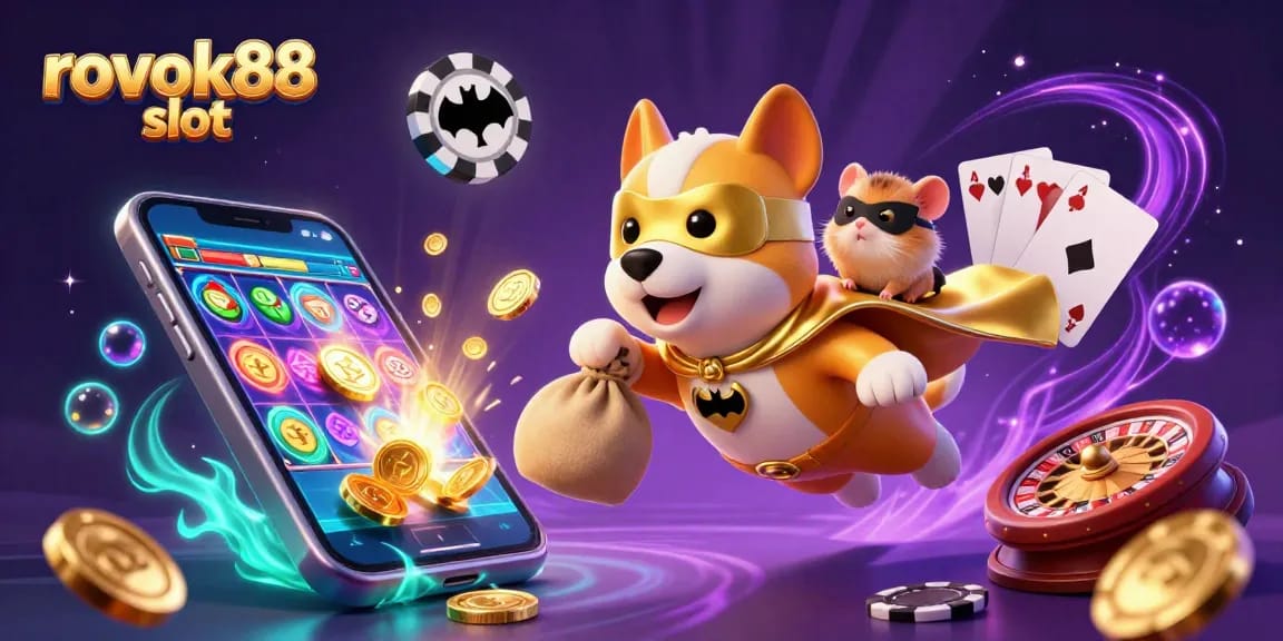 Experience the excitement of rokok88 slot with our cartoon superhero dog in a dynamic casino-themed illustration.