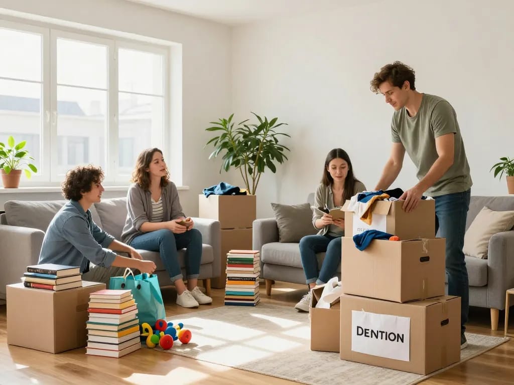 Entrümpelung wien in einer lebhaften Szene zum Entrümpeln des Zuhause, Familie sortiert Besitztümer.
