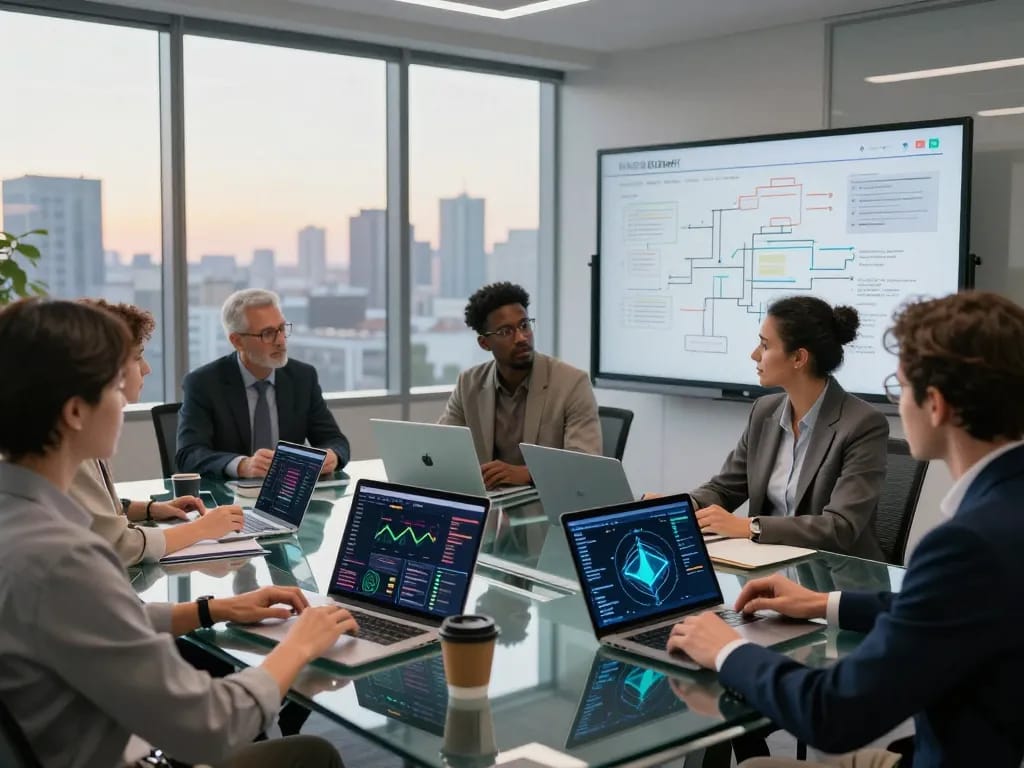 Collaborative strategy session discussing IO DeFi's future in a modern workspace, showcasing technology and teamwork.