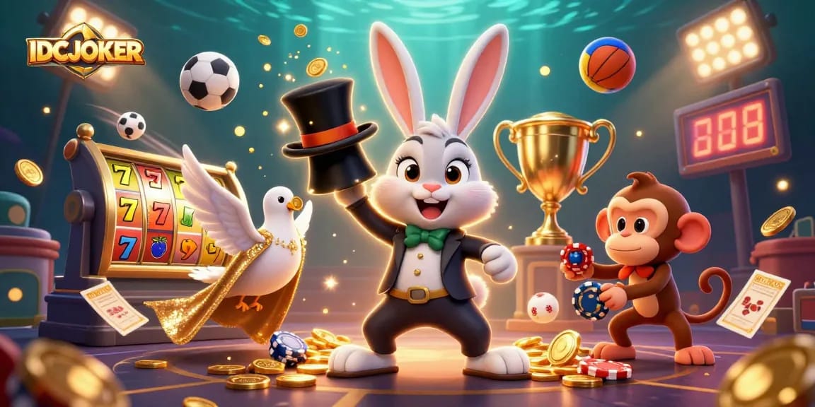Experience the magic of IDCJOKER with a cartoon magician rabbit pulling winnings in this vibrant casino scene.