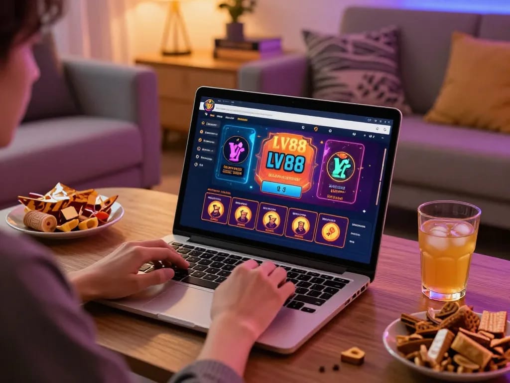 Engaging online gaming scene at LV88, showing a player focused on casino gameplay with snacks beside.
