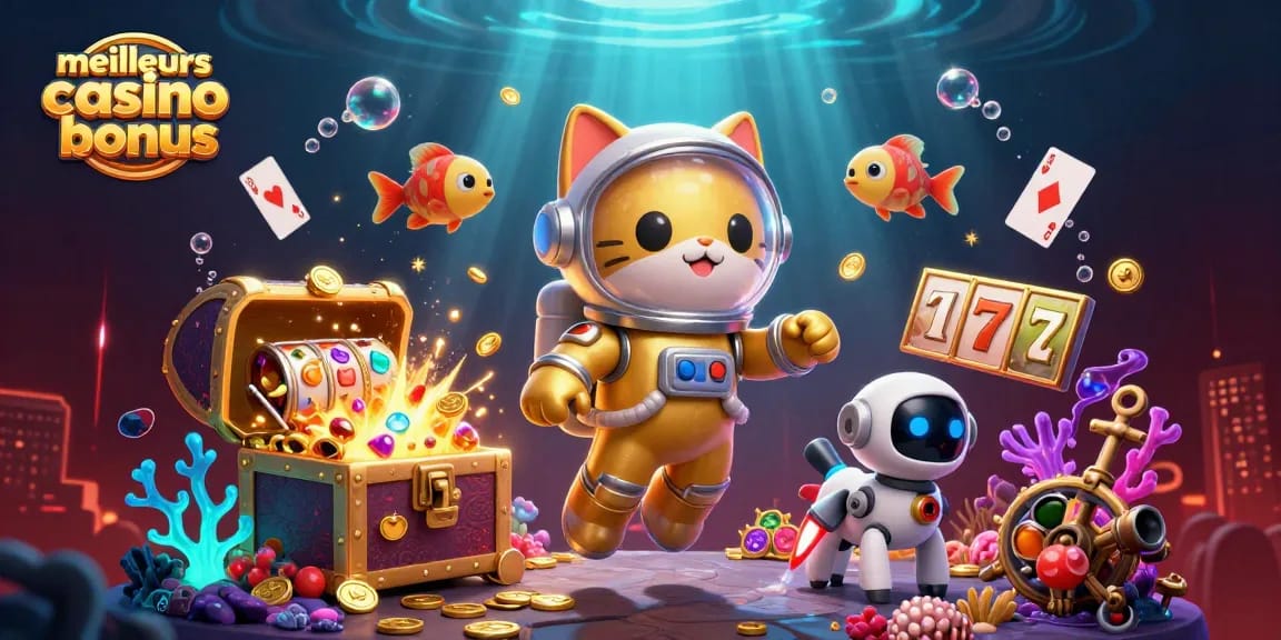 Profitez des meilleurs casino bonus avec cette illustration dynamique et colorée représentant des éléments de jeu captivants.