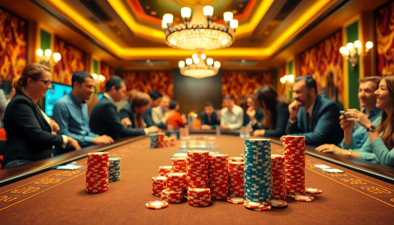 Kenangan4d mengasyikkan permainan kasino dengan meja penuh chip dan pemain bersemangat.