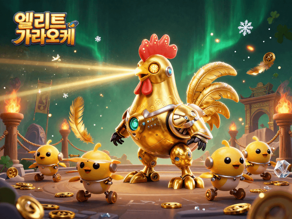 엘리트 가라오케에서 황금 로봇과 병아리 드론들이 함께하는 화려한 장면