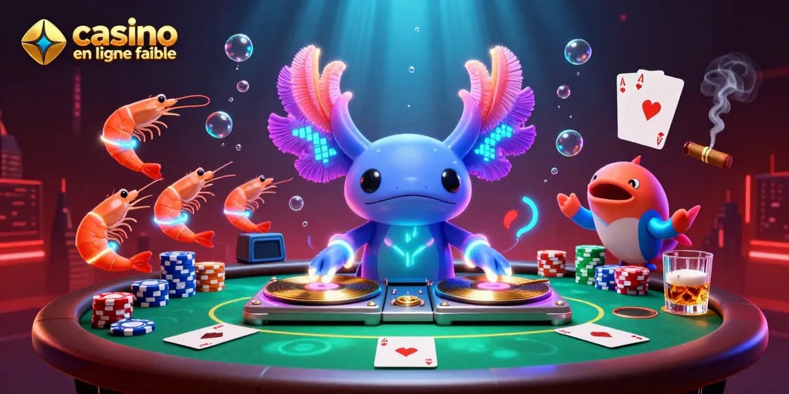 Jouez au casino en ligne fiable dans une ambiance colorée avec un DJ axolotl animé.