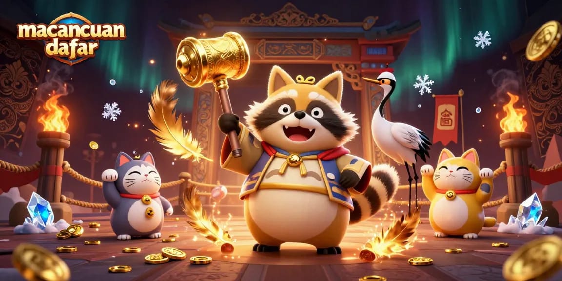 Ilustrasi 3D menampilkan macancuan daftar dengan tanuki ceria dalam kostum festival Jepang, membawa palu keberuntungan.