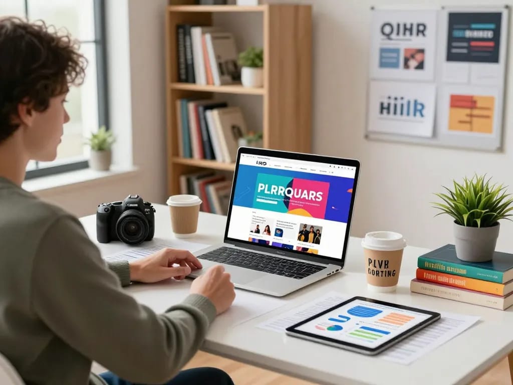 Purchase PLR Content in a vibrant e-commerce workspace with marketing materials and a laptop.