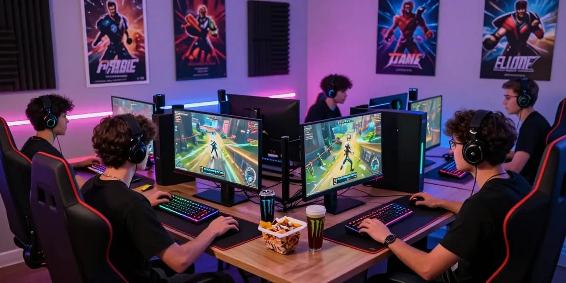 Gamer dalam suasana intens bermain di https://truewealthbooks.com/ dengan peralatan gaming modern dan suasana menegangkan.