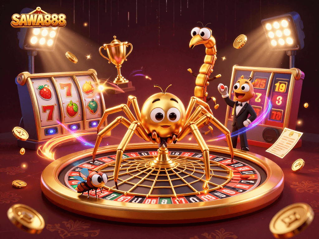 Experience thrilling action with SAWA888 as a golden spider spins a roulette web of fortune and exciting slot games.