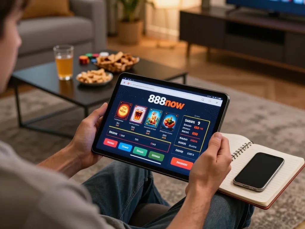 Player enjoying online gaming experience at home with 888now casino on tablet, cozy atmosphere.
