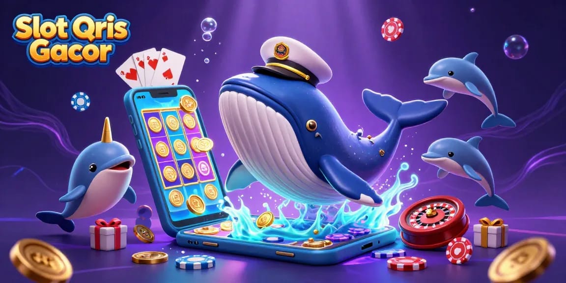 Experience thrilling gameplay with Slot Qris Gacor, as colorful coins and poker chips surround playful characters in a vibrant casino scene.